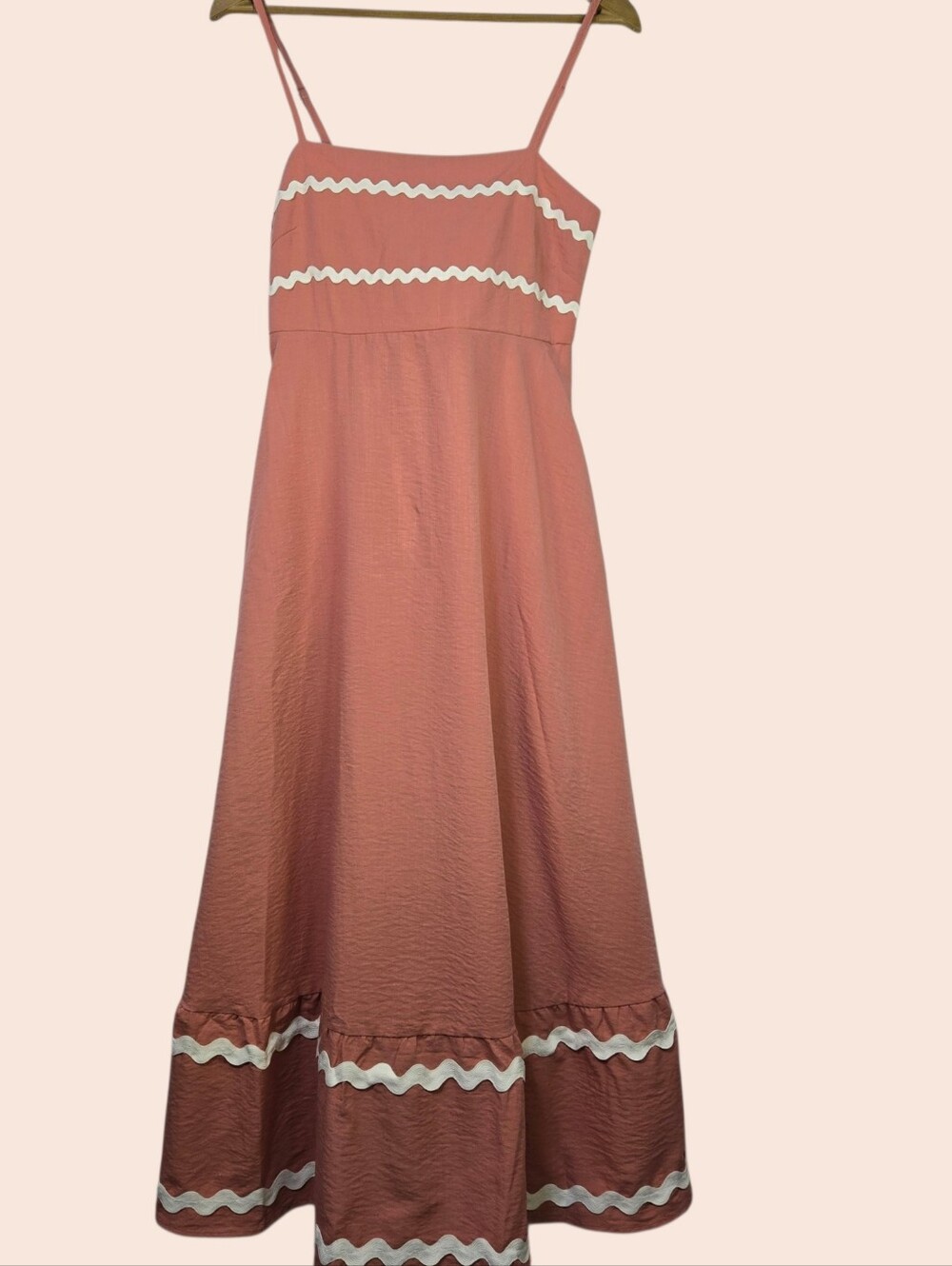 PRETTY GATDEN Size S Cottagecore Rustic Coral Maxi Dress, White Ric Rac Trim NWT